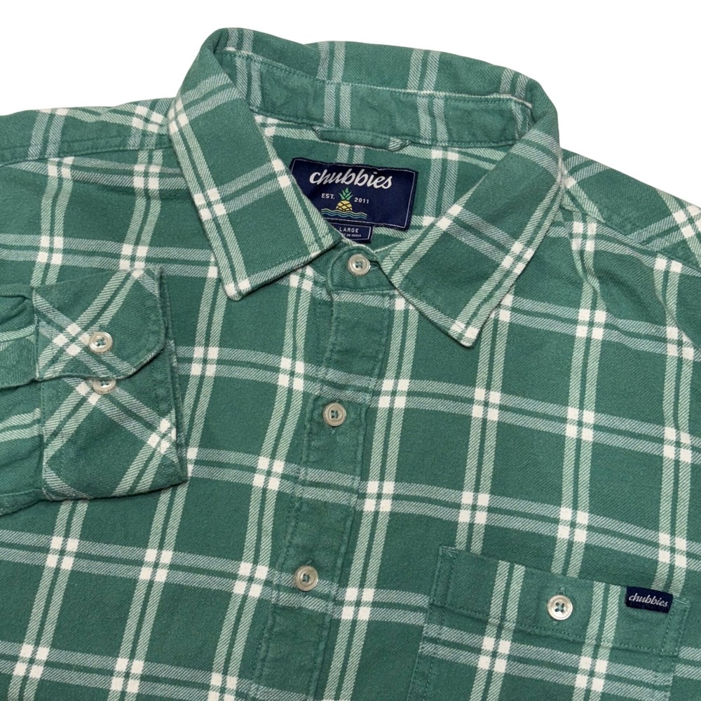 Chubbies Flannel Shirt Mens Large Green White Plaid Long Sleeve Button Up Casual